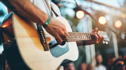 Fototapeta premium Closeup of a man's hands playing an acoustic guitar during a live performance.