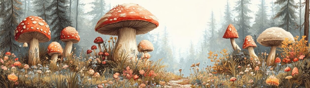 A whimsical drawing of a mushroom forest, with oversized toadstools and small woodland flowers scattered throughout