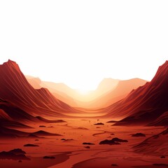 Naklejka premium A stunning landscape showcasing red mountains with a serene sunset, creating a breathtaking view of nature's beauty.