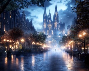 Obraz premium Gothic Halloween festival in a bustling city square eerie music filling the air