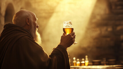 A medieval monk raising a glass of freshly brewed ale against a rustic, stage-like background, symbolizing dedication to abbey brewing through the ages and the rich tradition of br