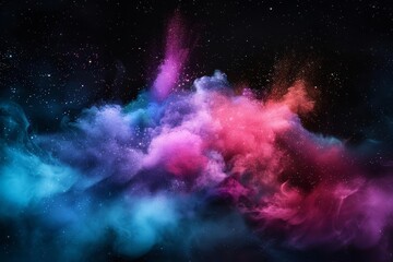 Obraz premium Abstract cosmic nebula with pink and blue clouds against a starry black background.