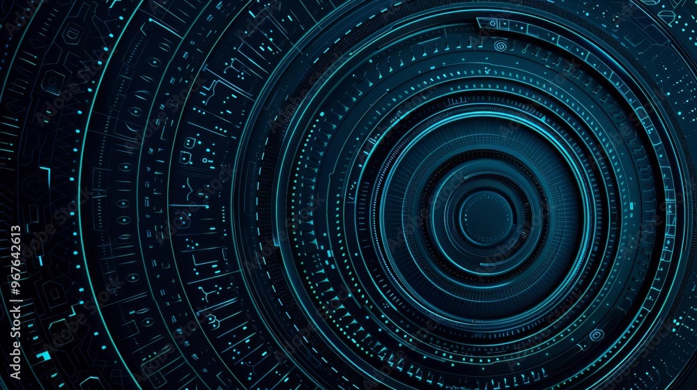 Aufkleber abstract blue and black circular pattern with glowing lines and digital elements.