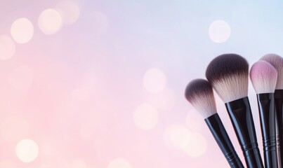 Abstract banner with make-up brushes and decorative cosmetic products on blurred background Beauty industry advertisement flier template