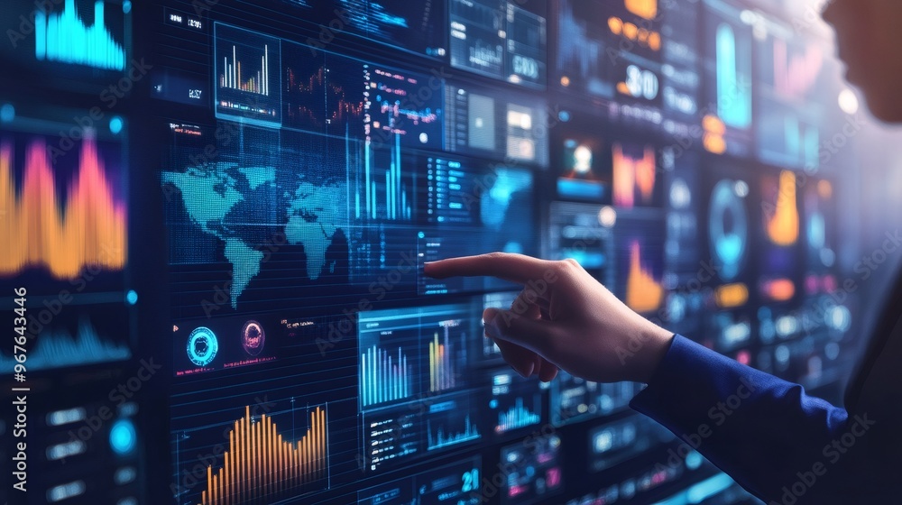 Poster a hand interacts with a digital screen displaying various data, charts, and graphs, including a worl