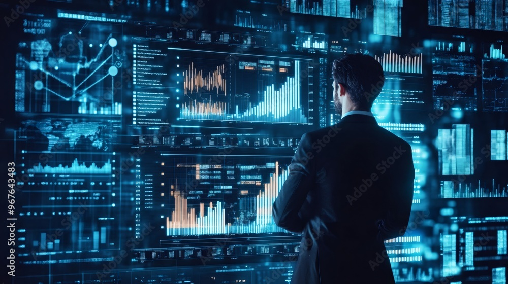 Poster a businessman stands in front of a wall of digital screens with glowing data visualizations and grap