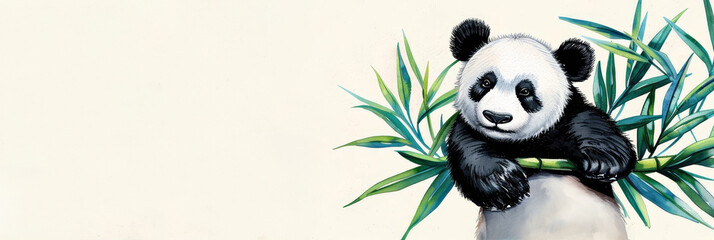 Fototapeta premium Cute panda bear holding onto a bamboo stalk.
