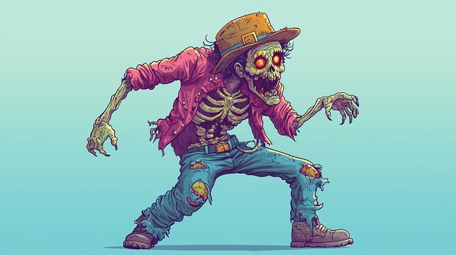 Colorful cartoon zombie in ripped clothes and hat, embodying a fun horror vibe.