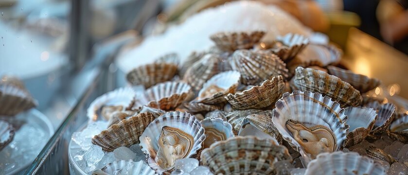Fresh seafood display featuring scallops on ice, perfect for culinary inspiration or gourmet food photography.