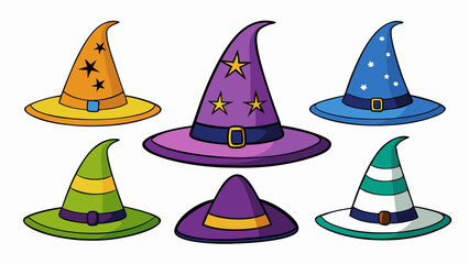 Set of vector colorful images of witch hats in doodle style on white background