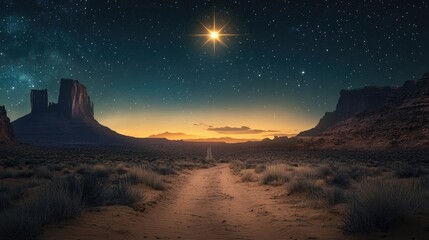 Obraz premium A lone star shines in the distance, lighting up a quiet desert landscape under the night sky.