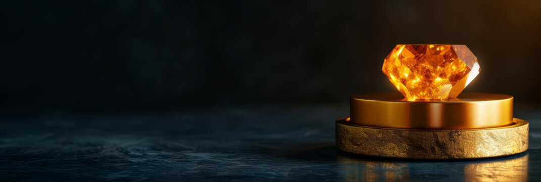 A glowing amber gemstone on a wooden platform, against a dark background. - Powered by Adobe