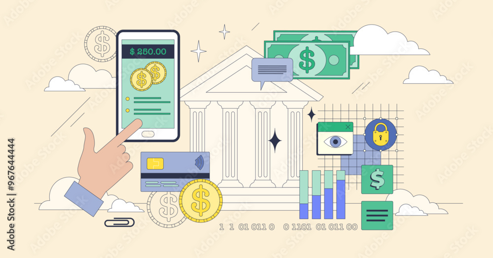 Poster open banking and financial services data share tiny neubrutalism concept. api integration for digita