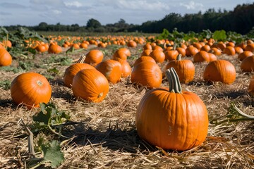 Orange pumpkins scattered across dry hay, set against a clear sky and distant trees