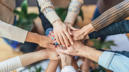Hands stacked in a show of unity and teamwork within a corporate setting, highlighting the importance of collaboration for success with copy space