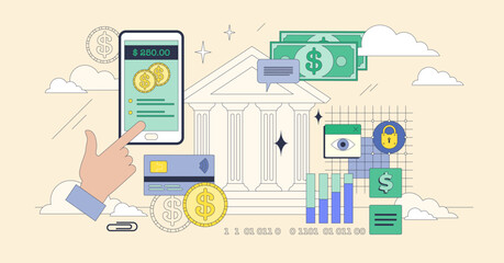 Open banking and financial services data share tiny neubrutalism concept. API integration for digital money platforms and apps vector illustration. Bank information sharing for third party software.