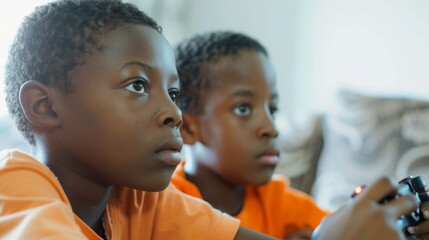 Fototapeta premium Two boys enjoying video games together in a modern, brightly lit living room.