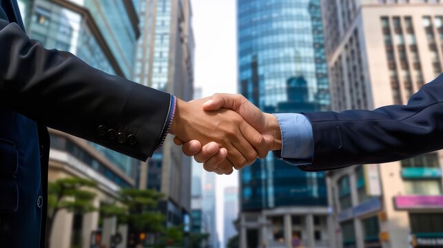 Two businessmen shaking hands in front of a city skyline.