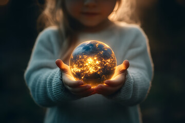 A child holds a glowing image of the planet in their hands, symbolizing hope, care, and the future of the Earth in the hands of the next generation.