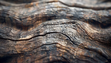 Obraz premium Close-up of textured, weathered wood with a wavy pattern, showcasing intricate natural lines and rich hues.