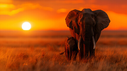 Obraz premium Silhouette Elephant And Calf Grass