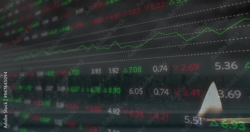 Poster Animation of financial data processing over lit match