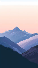A serene sunset view of majestic mountains, featuring soft pastel colors and detailed silhouettes of the forest below.