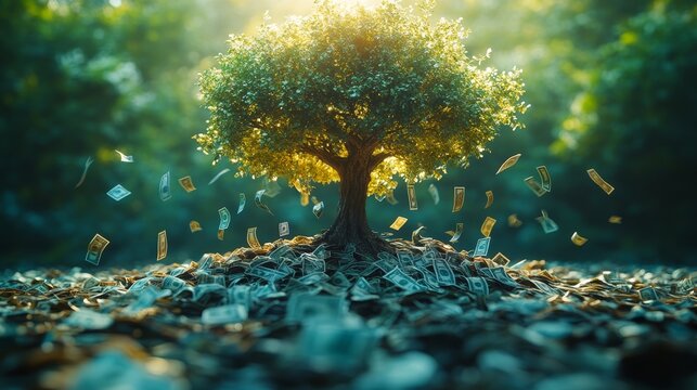 Concept of falling interest rates with a wilting money tree and descending dollar signs, Medium shot, eye-level composition, focusing on the person's engagement with the educational material.