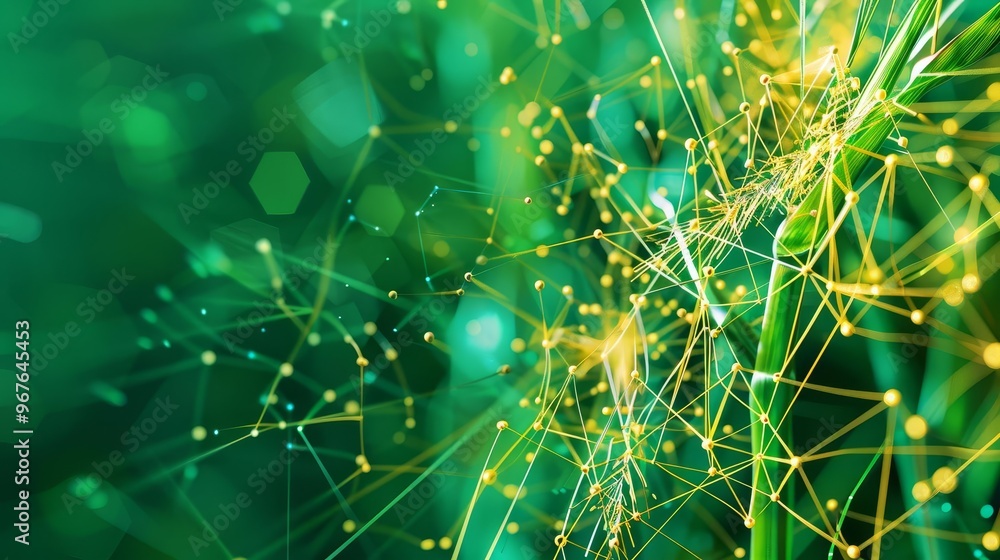 Poster abstract green background with connected lines and dots.