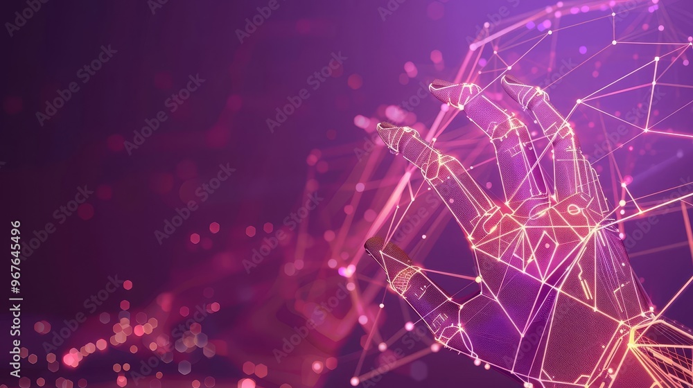 Aufkleber abstract polygonal network with glowing lines and nodes on a purple background.