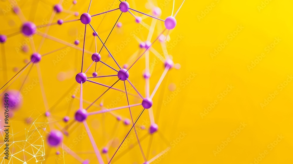 Poster abstract 3d network of connected dots and lines on yellow background.