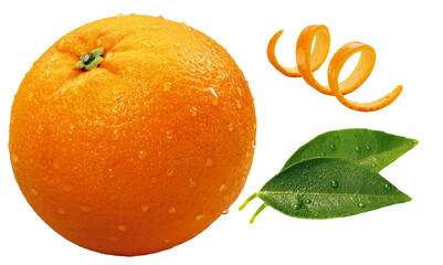laranja inteira, folha de laranjeira e raspa de casca de laranja isolado em fundo transparente