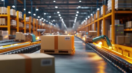 An automated warehouse with robots moving and sorting packages on conveyor belts