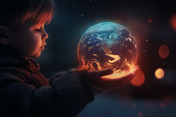 A child holds a glowing image of the planet in their hands, symbolizing hope, care, and the future of the Earth in the hands of the next generation.