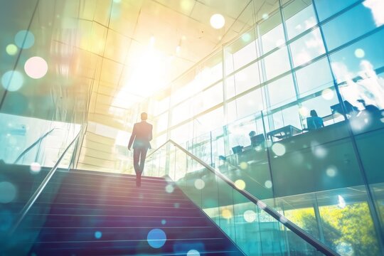 A man in formal attire walking up a stair in his office, depicting career growth and job promotion.