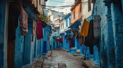 Fototapeta premium A narrow, blue-painted alleyway with clothes hanging out to dry.