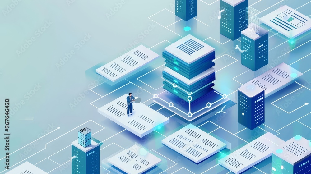 Poster isometric illustration of data center with servers and network connections.