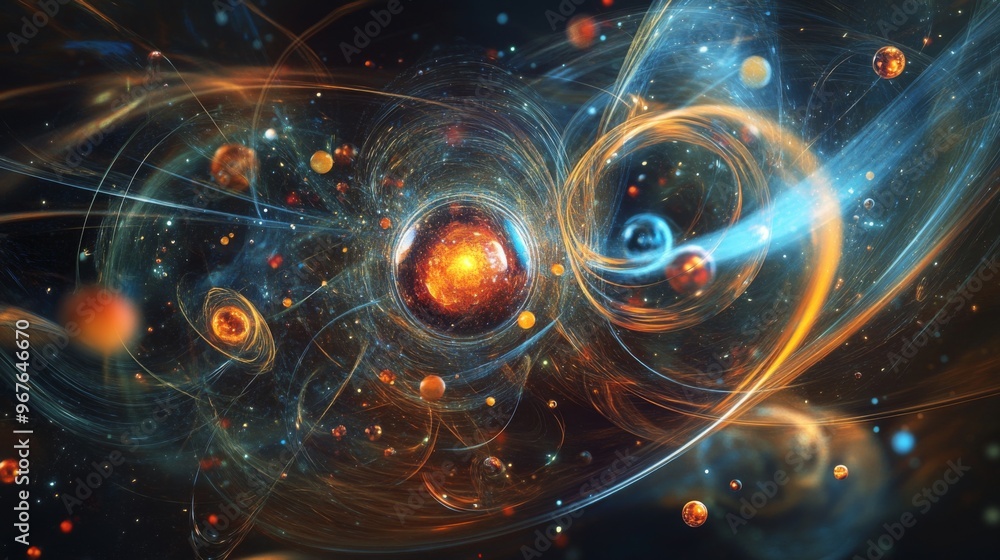 Poster a visually appealing representation of quantum orbits and atomic particles in motion, conveying the 