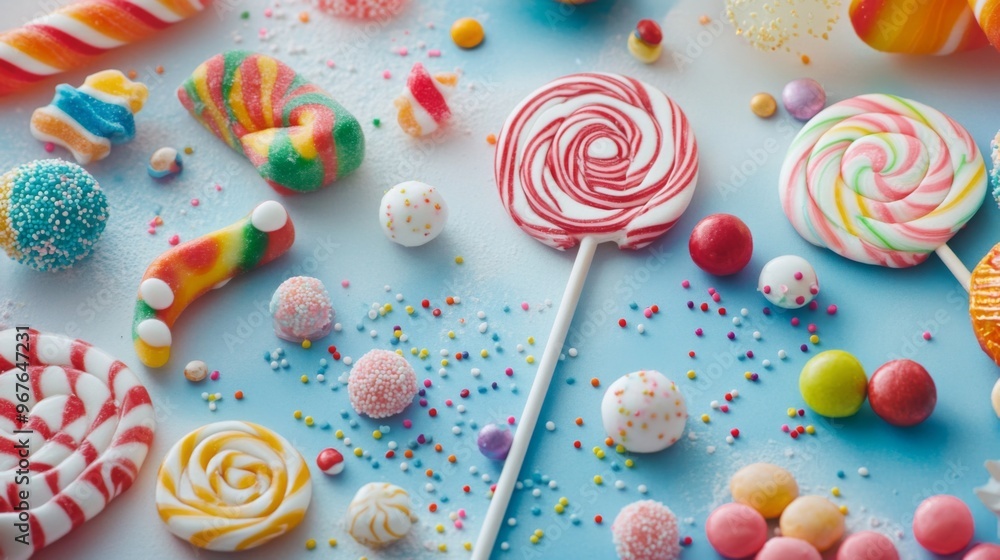 Poster a whimsical scene with lollipops scattered on a table, with some candy wrappers and playful decorati