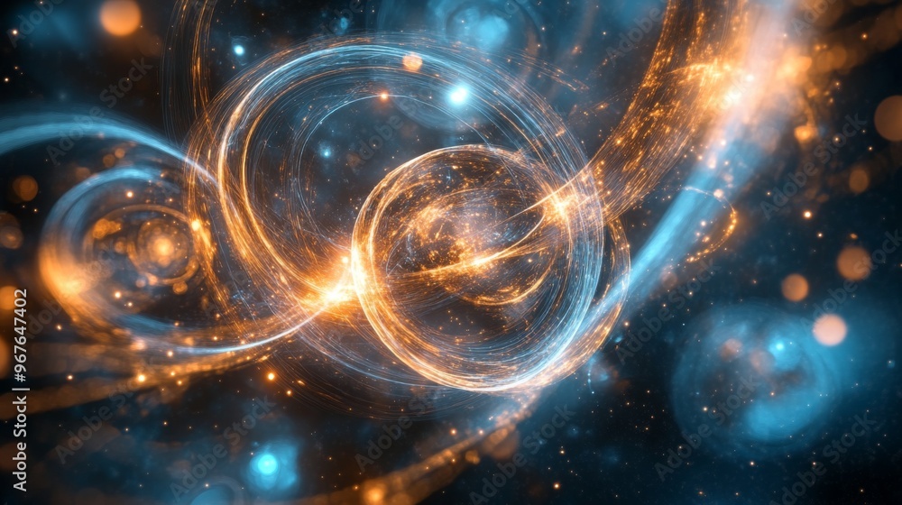 Poster a visually appealing representation of quantum orbits and atomic particles in motion, conveying the 