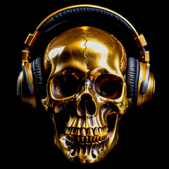golden skull of a man wearing headphones isolated on a black background