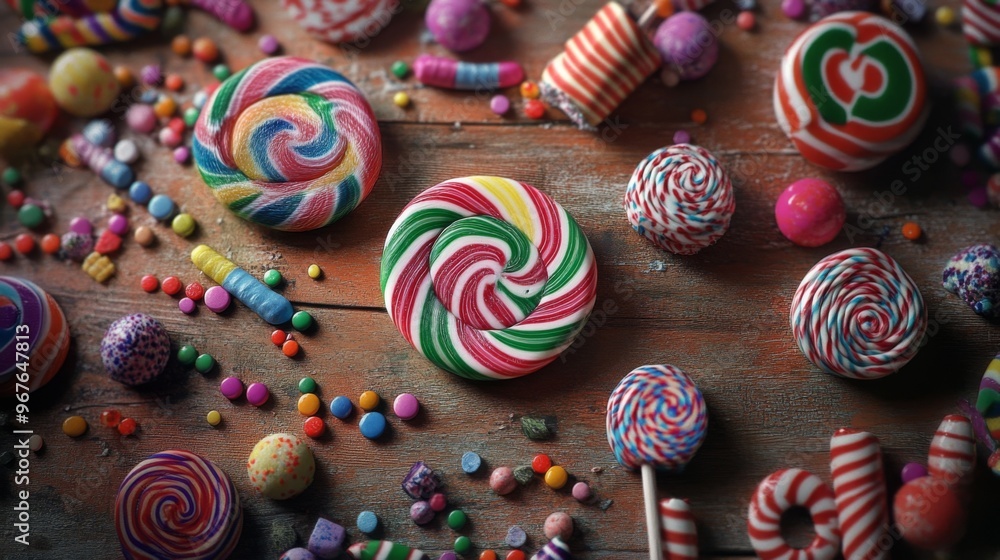 Poster a whimsical scene with lollipops scattered on a table, with some candy wrappers and playful decorati