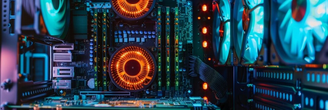 Closeup of a computer motherboard with a blue and gold color scheme.