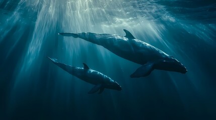 Fototapeta premium Two majestic whales swimming gracefully in deep blue waters.
