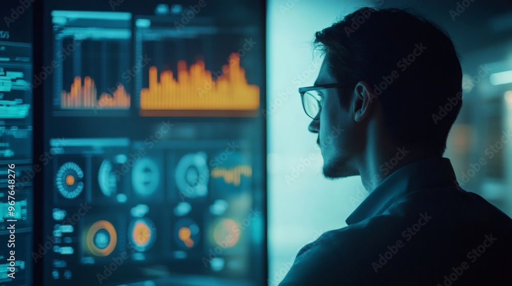 Poster a man wearing glasses looks intently at a computer screen filled with data and graphs in a dark room