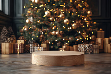 A wooden product podium surrounded by holiday decorations, Christmas tree, gift boxes, and warm glowing lights in a festive setting