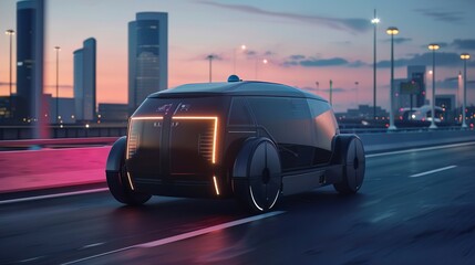 Naklejka premium Lidarequipped vehicle cruising in twilight, symbolizing cuttingedge transport solutions