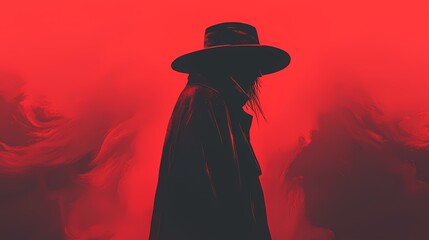 Mysterious figure in a hat, shrouded in shadows against a vibrant red background.