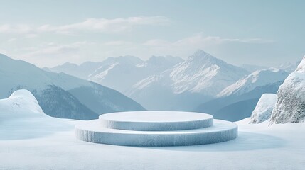An empty winners' podium covered in snow, standing tall in a winter landscape with mountains in the background.