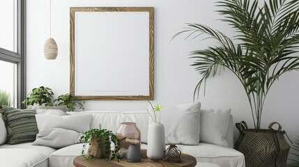 Blank frame mockup in a modern living room with a white sofa and plants.